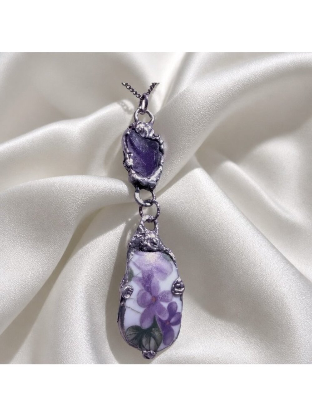 Broken China Violets & Stained Glass Pendant | Silver Cage Necklace | Alma Antig